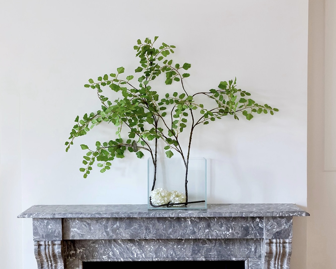 Ramas verdes con hojas pequeñas en un jarrón de cristal rectangular sobre una chimenea de mármol gris. La decoración minimalista contrasta con la pared blanca, creando una escena elegante y natural.