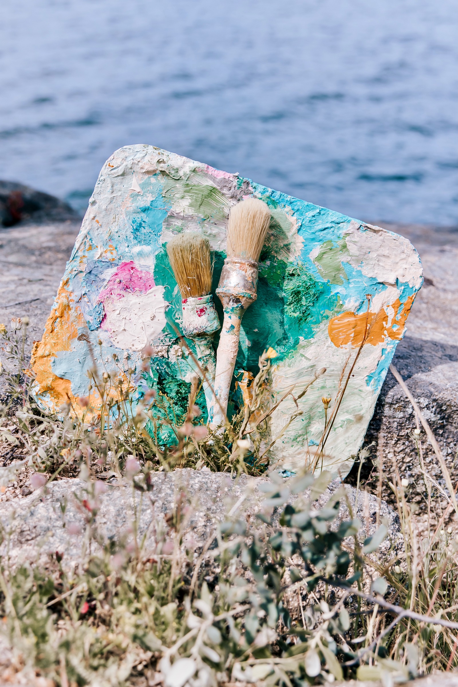 Paleta de pintura colorida con brochas sobre una roca junto al mar, rodeada de vegetación costera. El fondo muestra el agua azul del océano.