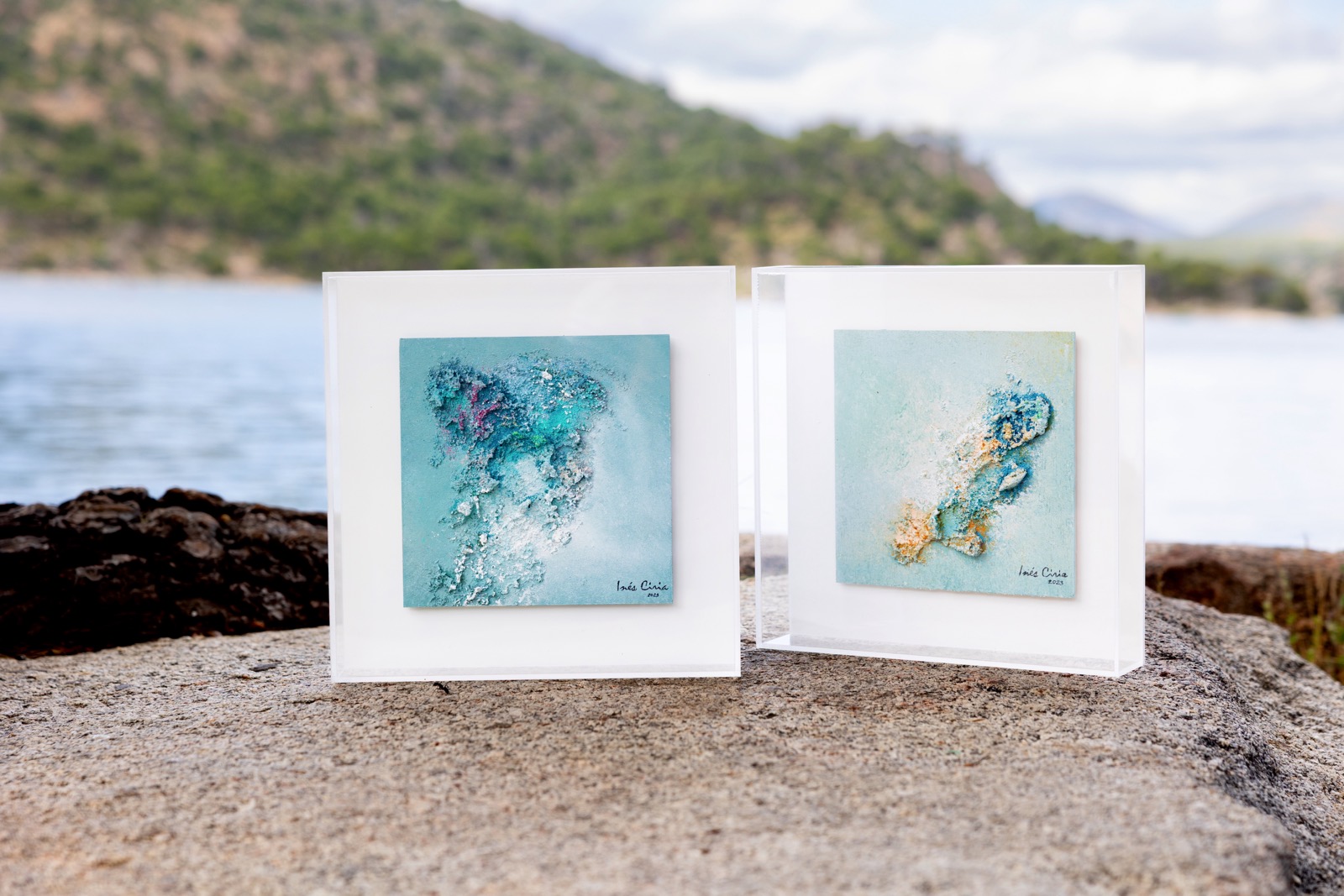 Dos cuadros abstractos con tonos azules y turquesas en marcos blancos, colocados sobre una roca frente a un lago y montañas. Las pinturas evocan formas marinas como medusas o corales.