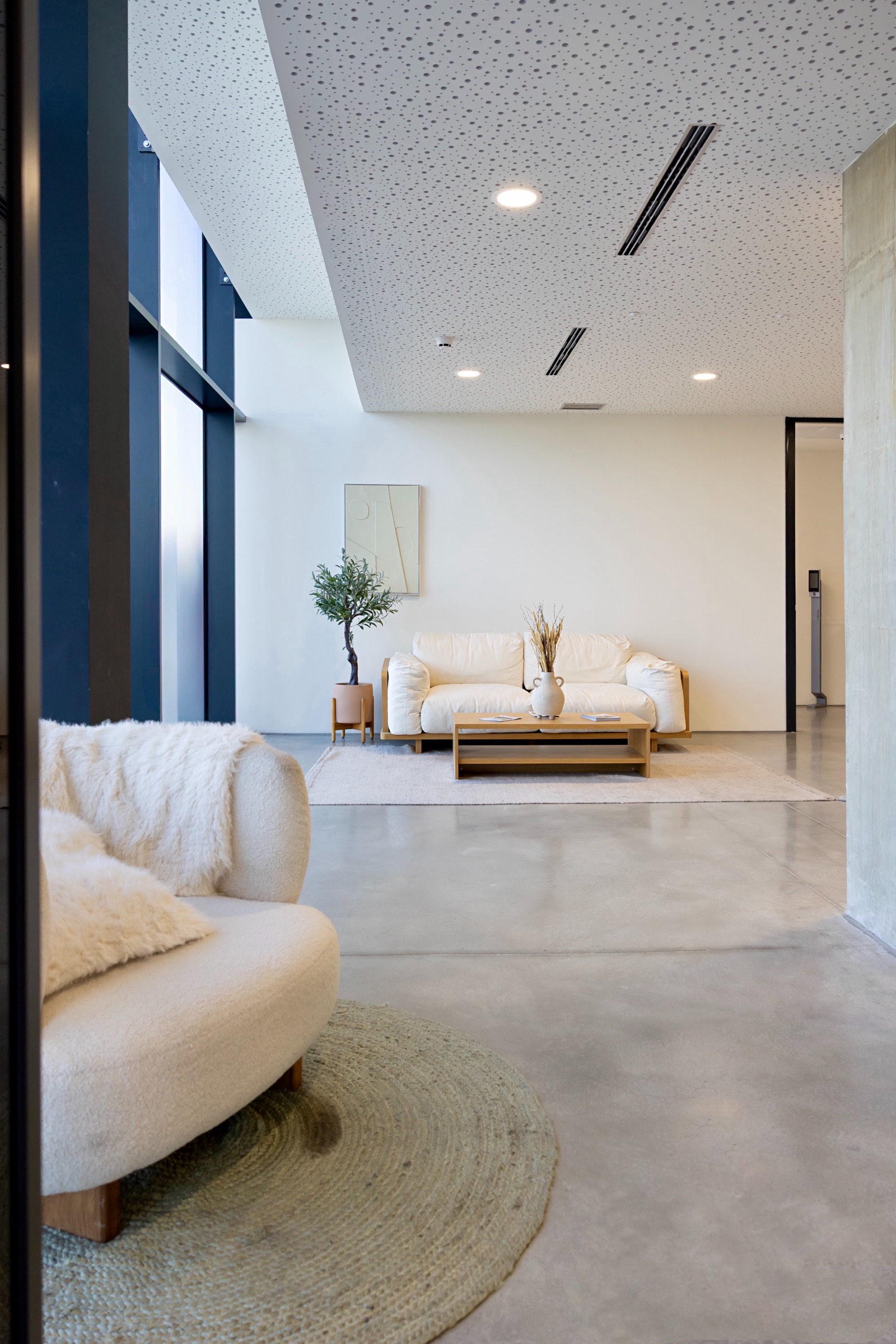 Interior de sala de estar luminosa con muebles blancos, sofá, planta y ventanas grandes, con diseño minimalista y suelo de cemento pulido