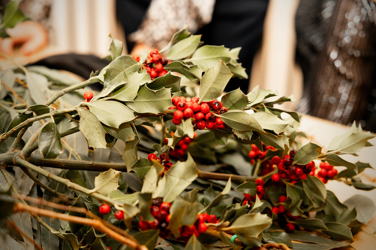 Primer plano de ramas de acebo con hojas verdes puntiagudas y racimos de brillantes bayas rojas, típica decoración navideña